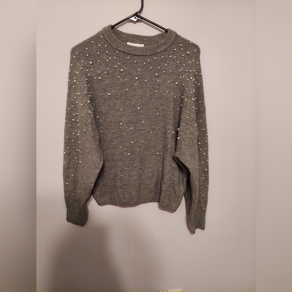H&M Sweater Green Small Wool Blend Pearl Detail Boho Preppy Office Christmas